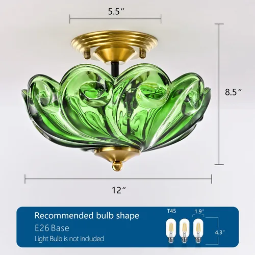 Miniatura 4 de Lámpara de techo moderna semiempotrada, 3 luces doradas para cerca del techo con pantalla de vidrio verde para sala de estar, entrada, dormitorio