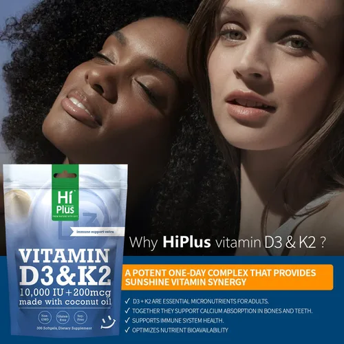 Miniatura 9 de Vitamina D3 10,000 UI + K2 200 mcg, 300 cápsulas blandas Aceite de coco Apoyo 2 en 1 para huesos, inmunes y cardíacos Fácil de tragar, sin OMG