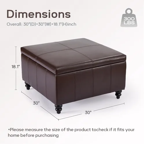 HUIMO Otomana cuadrada de cuero para almacenamiento, mesa de centro otomana con almacenamiento para sala de estar (marrón)