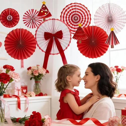 Miniatura 7 de Decoración de abanico de papel de Navidad, decoraciones de sombrero de Papá Noel, divertidos abanicos de papel colgantes rojos con estrellas doradas