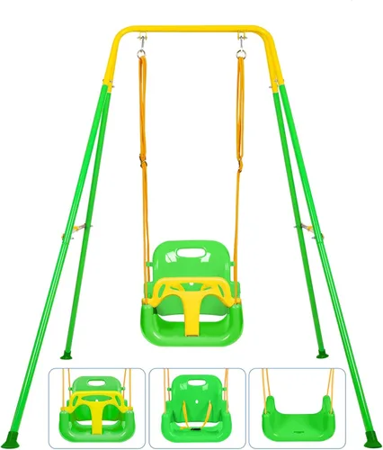 Miniatura 9 de Juego de columpios 3 en 1 para niños pequeños, juego de columpios para bebés con soporte plegable de metal para jugar al aire libre/interior, diseño