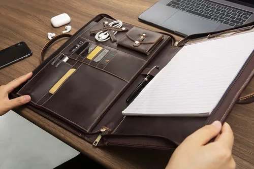 Miniatura 5 de Portafolio de Cuero Genuino, Organizador Padfolio con Asa, Padfolio Personalizado, Padfolio con Cremallera para Hombres y Mujeres, Adecuado