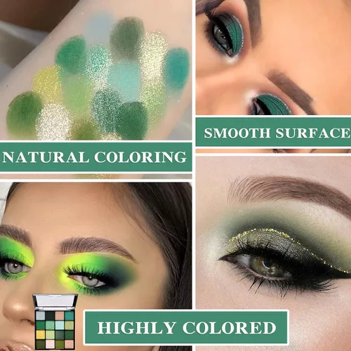 Miniatura 3 de Paleta de sombra de ojos verde brillante de 16 colores, paleta de sombra de ojos metálica mate impermeable, paleta de sombra de ojos altamente