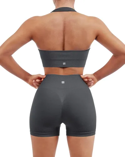SUUKSESS Conjunto de entrenamiento acanalado sin costuras para mujer, sujetador deportivo sin espalda, pantalón corto de motociclista