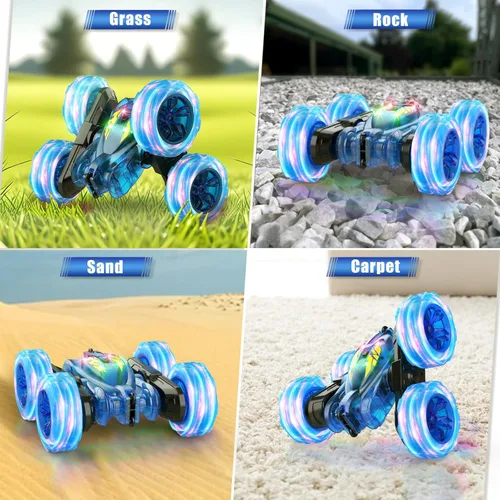 Miniatura 7 de Coche de Control Remoto, Autos RC de Acrobacias Para Niños con Luz Colorida, Carga Rápida USB-C, Juguetes de Coche Camión RC 4WD Recargable con Azul