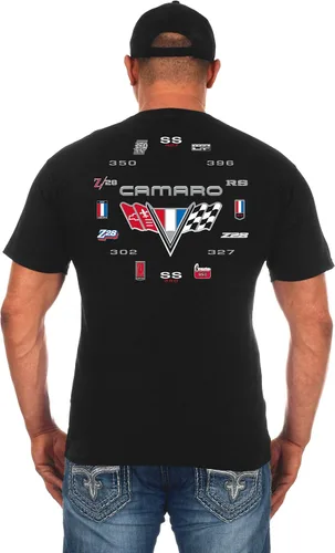 Miniatura 3 de Mens Chevy Camaro playera con la exclusiva Bandera Americana Pegatina
