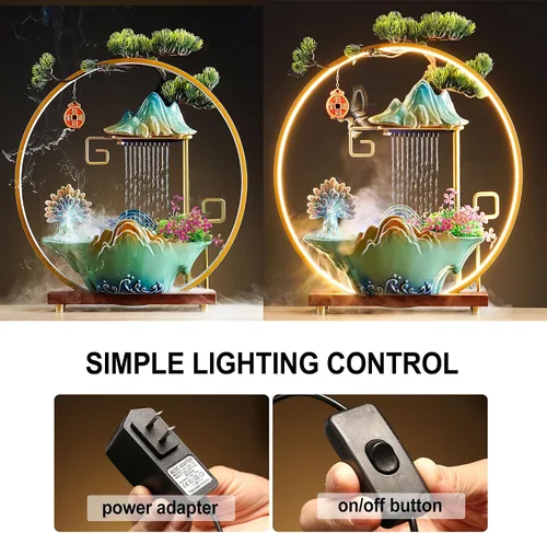 Miniatura 2 de Fuente interior de mesa con grúa, fuente de cascada, quemador de incienso, decoración de Feng Shui para buena suerte, fuente de cerámica con luz