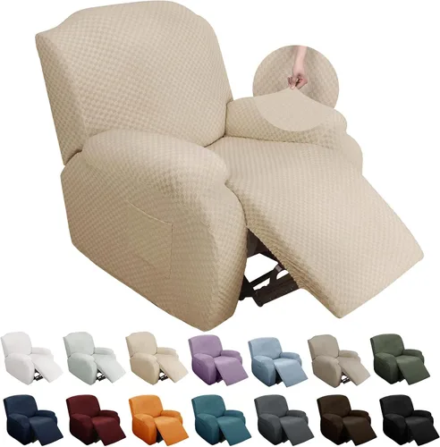 Miniatura 27 de YEMYHOM Funda elástica de 4 piezas para silla reclinable de jacquard con bolsillo lateral, antideslizante, ajustable, protector de muebles con parte