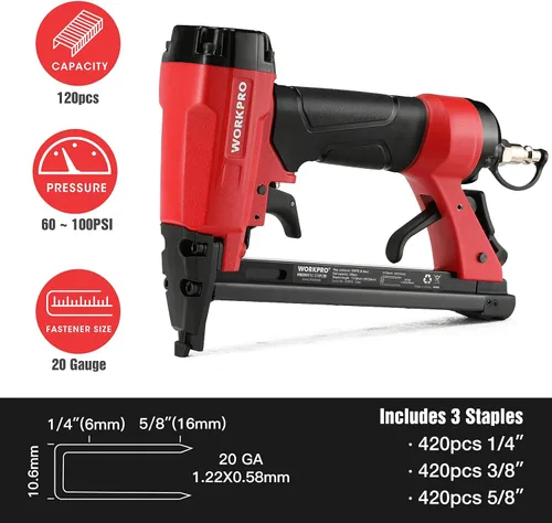 Miniatura 4 de WORKPRO Pistola de grapas neumática de calibre 20, grapadora de tapicería T50 con 1260 grapas de 1/4 a 5/8 pulgadas, escape trasero
