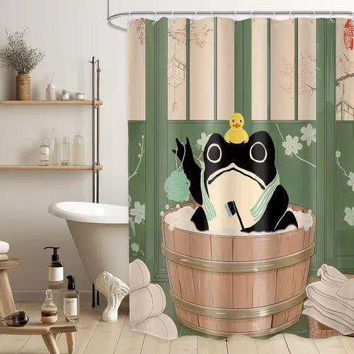 Miniatura 15 de Cortina de Ducha Divertida de Rana Juego de Baño 48 Pulgadas de Ancho x 71 Pulgadas de Alto Lindo Animal Retro Tomando Ducha Patito de Goma