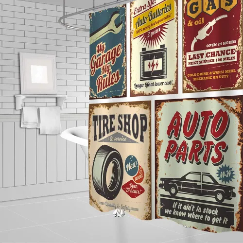 Miniatura 3 de Cortina de ducha para automóvil, estilo retro de los años 50, accesorios antiguos para automóvil, póster de reparación estadounidense, placa