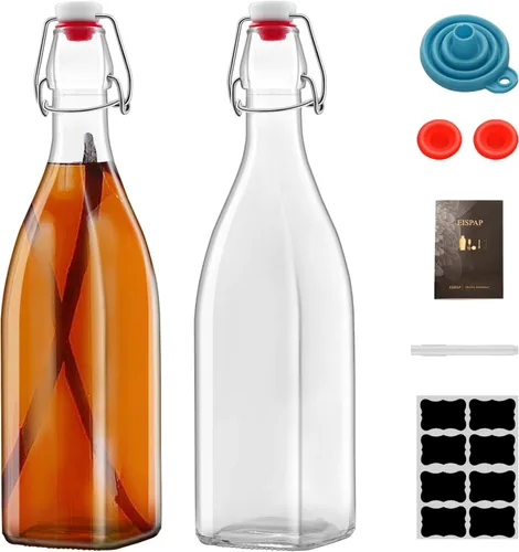 Paquete de 2 botellas de vidrio cuadradas de 25 onzas, botellas de 25 onzas líquidas con tapones herméticos para kombucha, kéfir, extracto de