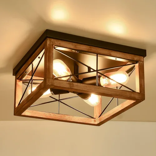 Miniatura 10 de eyassi Lámpara de techo de madera de montaje empotrado, 4 luces rústicas de granja, lámpara de techo cuadrada industrial con enchufe E26
