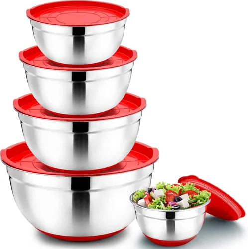 P&P CHEF Juego de 5 tazones para mezclar con tapas, de acero inoxidable, con tapa y base para mezclar antideslizante, preparar, almacenar y servir,