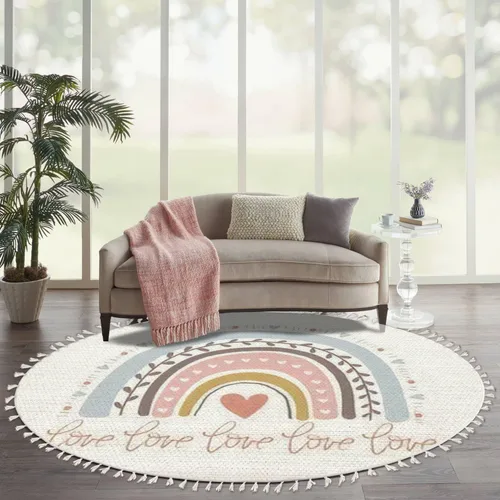 Miniatura 12 de Alfombra redonda bohemia para niños, dibujada a mano sin costuras con arco iris rosa pastel, alfombra de verano para bebé, alfombra de lino