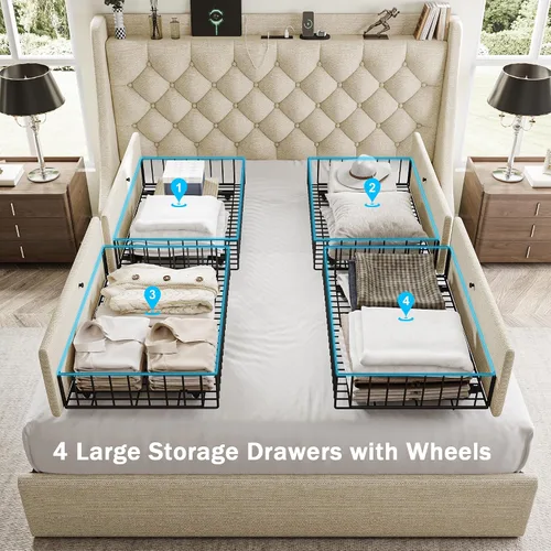 Miniatura 5 de GalnFu Marco de cama de tamaño completo con 4 cajones de almacenamiento, cabecera tapizada grande tipo wingback, estación de carga rápida,