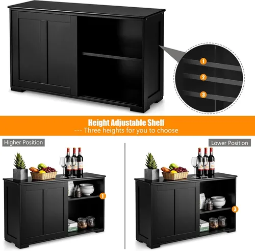 Miniatura 4 de NAFORT Aparador de madera con puertas correderas, mesa de consola de almacenamiento de cocina, barra de café con estante ajustable para sala de Negro