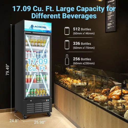 Miniatura 2 de AAOBOSI Refrigerador comercial comercial, refrigerador de pantalla de puerta de vidrio de 17.1 pies cúbicos, refrigerador vertical de bebidas