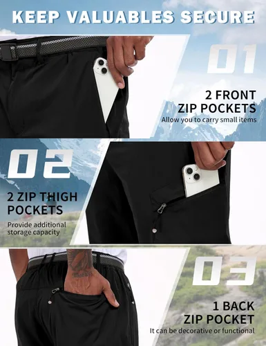 Miniatura 5 de NOUKOW Pantalones de senderismo para hombre, de secado rápido, ligeros, impermeables, elásticos, 6 bolsillos con cremallera y cinturón