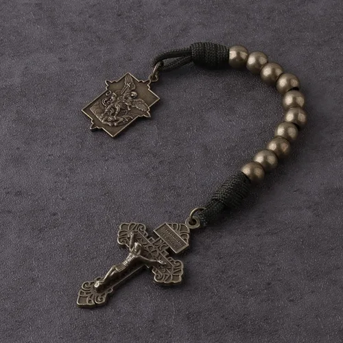 Miniatura 14 de Rosario de bolsillo estilo abierto una década de acero inoxidable rosario católico con crucifijo medalla de San Benito con bolsa de regalo