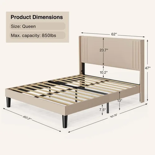 Miniatura 2 de Gizoon Base de cama Queen con cabecera con respaldo de ala, cama de plataforma tapizada, listones de madera, sin ruido, no necesita somier, fácil