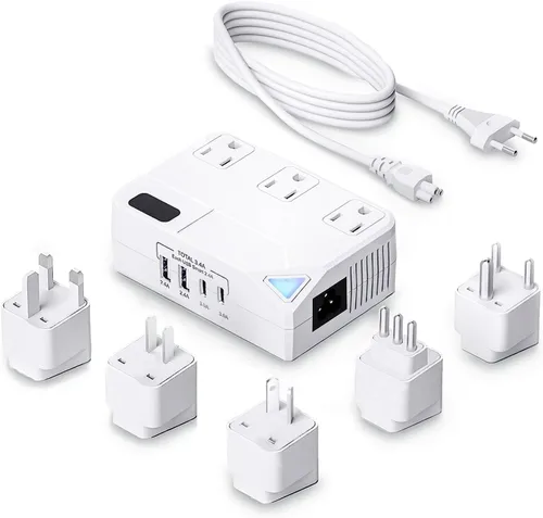 Enchufe de conversión de 250 W, convertidor de viaje internacional con 2 puertos USB y 2 puertos USB-C, reducción de 220 V a 110 V para áreas de 100