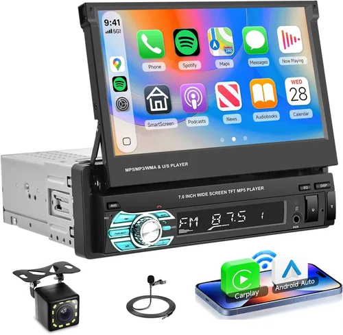 Rimoody - Estéreo inalámbrico para automóvil con Bluetooth, pantalla táctil abatible de 7 pulgadas, reproductor MP5, compatible con Android Auto,