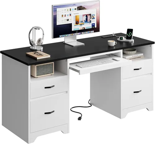 Miniatura 10 de Bestier Escritorio Ejecutivo de 77.8" de Alto con Estante Superior, Escritorio Moderno de Madera para Computadora con Cajones, Estación de Carga