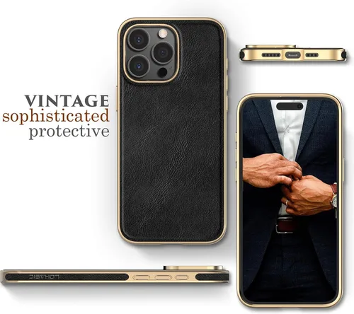 Miniatura 2 de LOHASIC Funda de piel sintética para iPhone 15 Pro, elegante funda de teléfono vintage de lujo para hombres y mujeres, agarre antideslizante, Negro