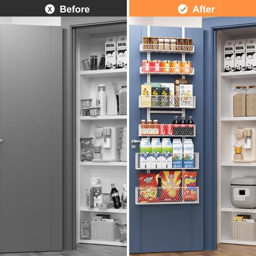 Miniatura 6 de Bunoxea Organizador de despensa de 6 niveles para colgar sobre la puerta, estante de especias colgante con cesta ajustable, estantes para colocar