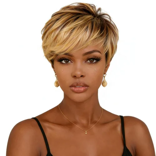 Miniatura 19 de Peluca de cabello humano con corte Pixie para mujeres negras, 100% cabello humano real, peluca corta y recta sin pegamento con flequillo, hecha a