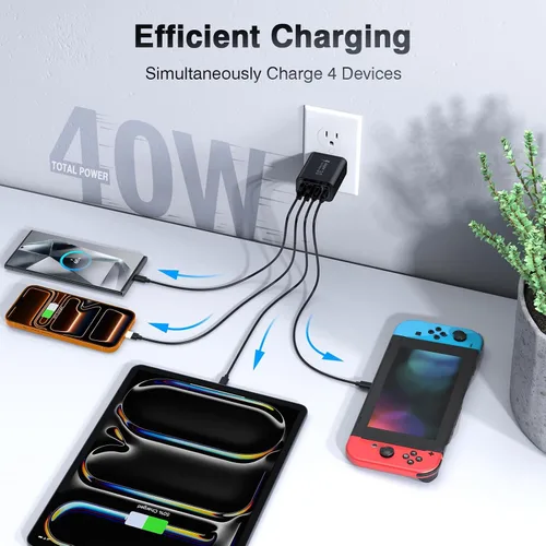 Miniatura 2 de [Paquete de 2/40W] Bloque de cargador de pared USB C de 4 puertos, cubo de carga rápida de ladrillo de alimentación tipo C Power Delivery, enchufe