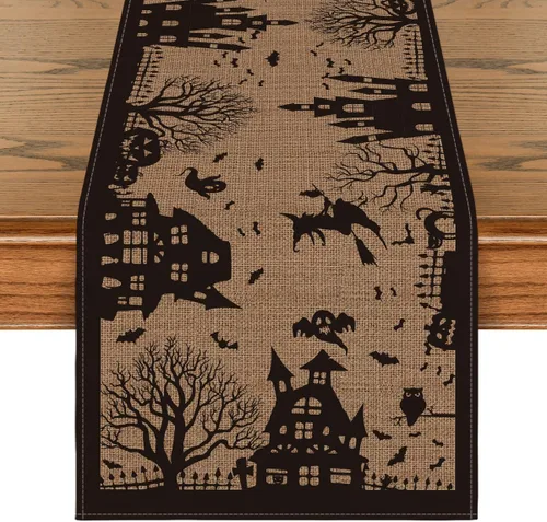 Artoid Mode Camino de mesa de Halloween de bruja fantasma, árbol de casa embrujada, color negro y tostado, decoración de mesa de comedor para