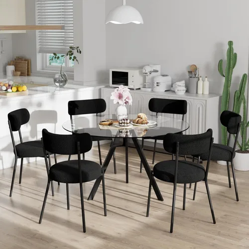 Miniatura 18 de Juego de mesa de comedor circular de vidrio de 39 pulgadas para 4, mesa de comedor redonda pequeña y 4 sillas tapizadas, moderno juego de mesa