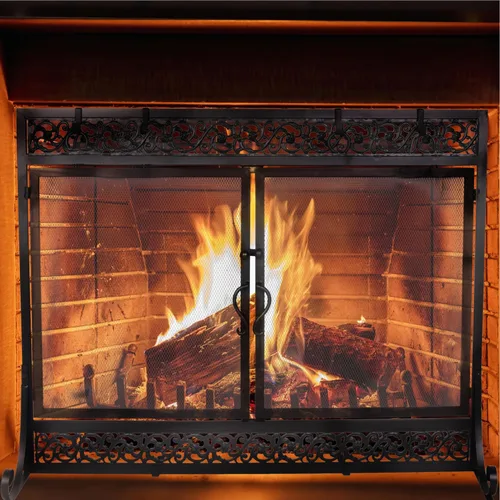 Miniatura 2 de Pantalla de chimenea de metal de 39 x 31 pulgadas, protector de chispas de dos puertas, diseño decorativo de desplazamiento adecuado para estufa