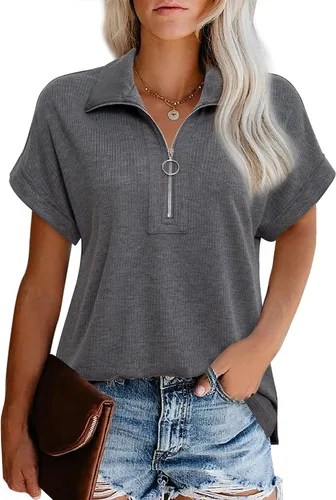 Vivilli Camisetas y blusas de manga corta para mujer, cuello con cremallera, cuello en V, estilo casual, ajuste holgado, tipo túnica