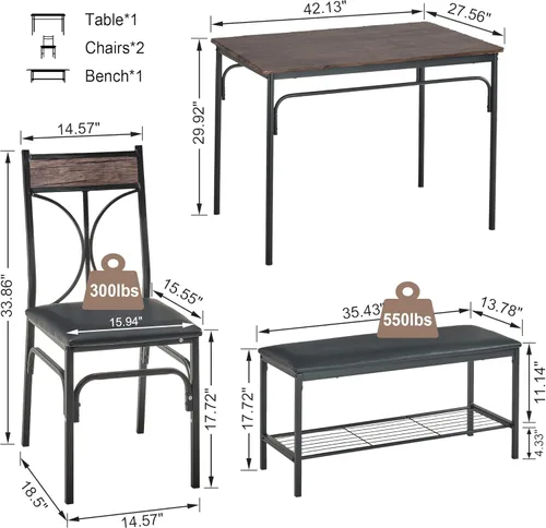 Miniatura 7 de VECELO Juego de mesa de comedor de cocina con banco tapizado y 2 sillas Diseño compacto que ahorra espacio Perfecto para apartamentos pequeños