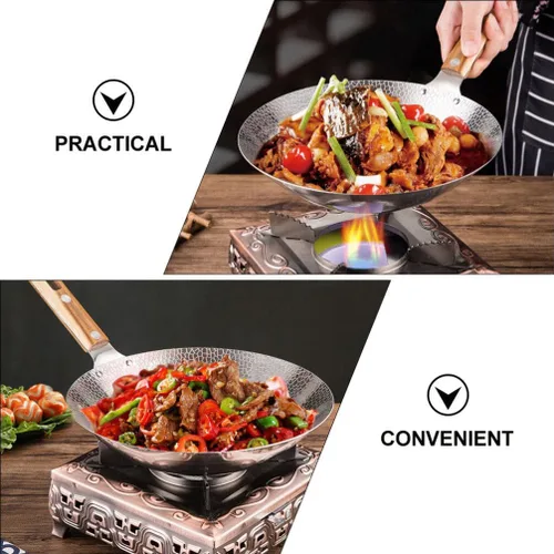 Miniatura 8 de Luxshiny Wok de acero inoxidable de 13.38 pulgadas con mango de madera, sartén de cocina para el hogar para freír vapor y olla caliente utensilios