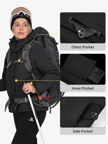 Miniatura 5 de CAMEL CROWN Chaquetas de esquí de invierno cálidas para mujer, abrigo de nieve impermeable con capucha, chaqueta de lluvia resistente al viento