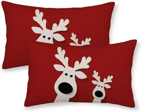 AEIOAE Juego de 2 fundas de almohada de Navidad de 12 x 20 pulgadas, color rojo ciervo, alce y ciervo, fundas decorativas de lino de Navidad para