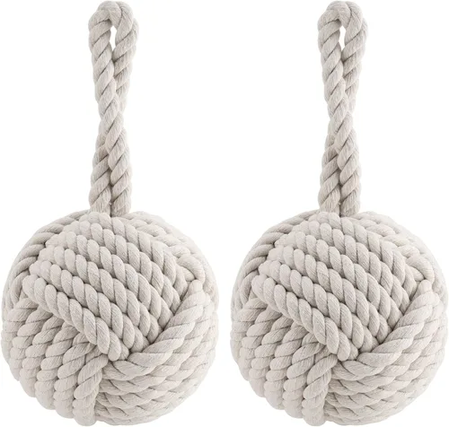 Tope de puerta de algodón con nudo de cuerda, 2 piezas, tope de puerta de bola de cuerda náutica blanca crema, tope de puerta de bola de nudo pesado