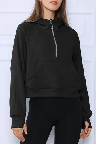 Miniatura 4 de Trendy Queen Sudadera corta con capucha de media cremallera para mujer, sudadera con cremallera de un cuarto, ropa de invierno 2022