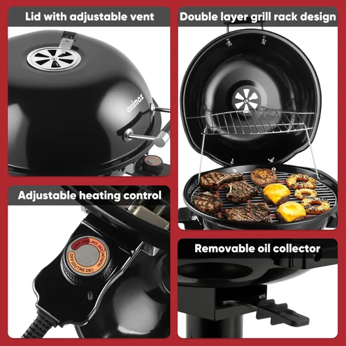 Miniatura 3 de Parrilla eléctrica, CUSIMAX - Parrilla eléctrica para interiores y exteriores de 1600W portátil con tapa para uso en interiores y exteriores, calor