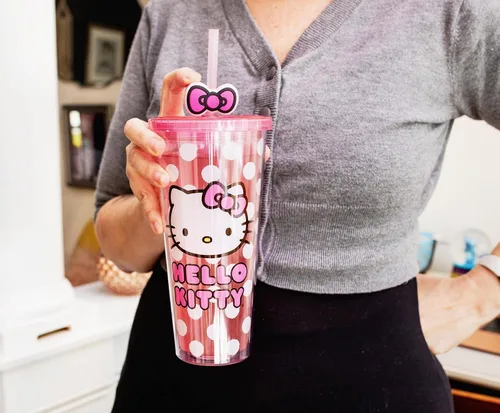 Miniatura 7 de Silver Buffalo Sanrio Hello Kitty Bow Pink Polka Dots - Vaso frío de plástico con tapa y tapa con pajita, 24 onzas Lazo Hello Kitty y lunares rosados