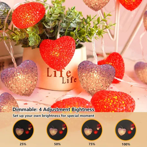 Miniatura 4 de Cadena de luces de San Valentín alimentadas por pilas, 6.8 pies, 10 luces LED de corazón con temporizador remoto, decoración de San Valentín, luz