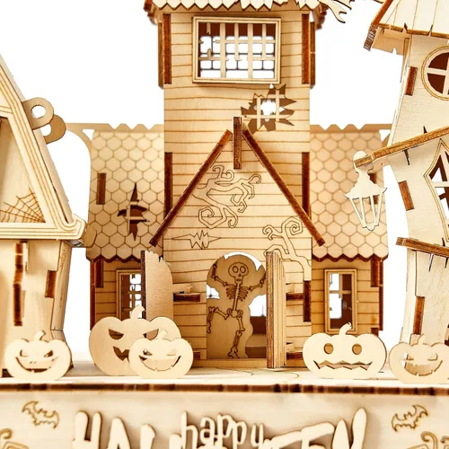 Miniatura 6 de Rompecabezas de madera 3D para Halloween, incluye tira de luz, rompecabezas y rompecabezas para Halloween/cumpleaños, regalos para adultos