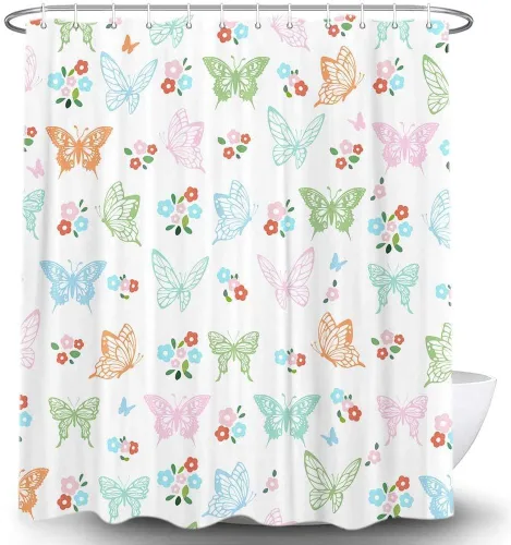 Cortina de ducha con diseño de mariposas, diseño floral, moderna, femenina, para baño, accesorios de baño para niños con ganchos, 47 x 64 pulgadas