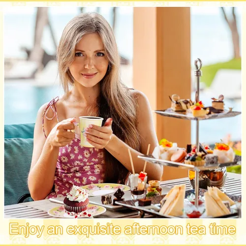 Miniatura 5 de Zopeal 100 piezas desechables para decoración de fiesta de té, taza de papel floral de 9 onzas con asa y platillo para el día de la madre, boda