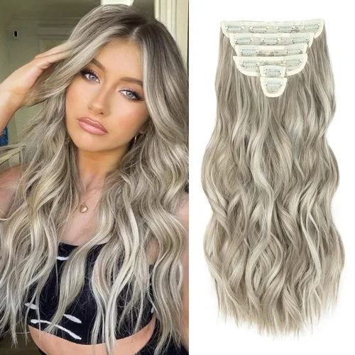 Miniatura 34 de Fliace Extensiones de cabello con clip para mujer, extensiones de cabello ondulado largo de color marrón medio, extensiones de cabello sintético