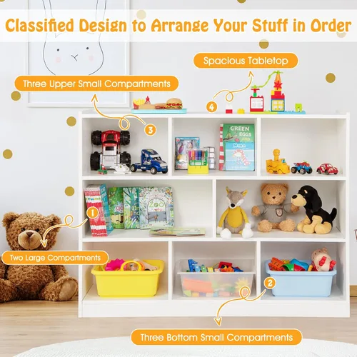 Miniatura 5 de KOTEK Organizador de almacenamiento de juguetes, estantería infantil de 8 cubos, estantería de madera de 4 niveles, estante abierto para guardería